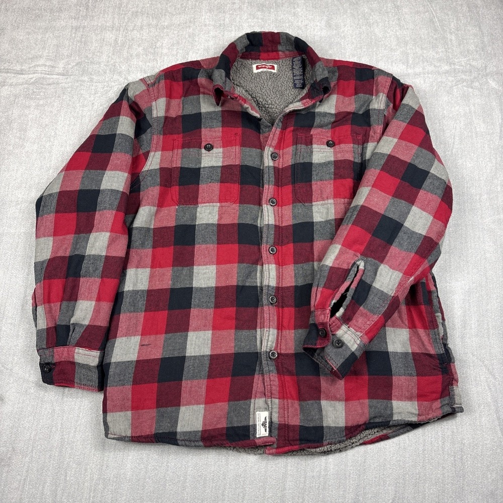 Wrangler Sherpa Lined Flannel Shirt Jacket Men's Medium Plaid Fleece Red